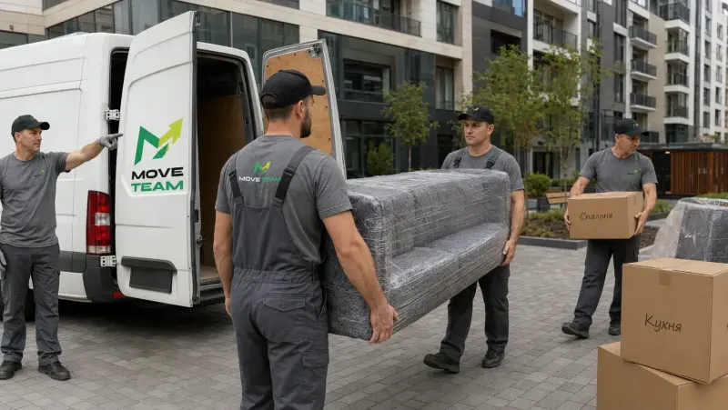Бригада Move Team выносит упакованный диван к фургону