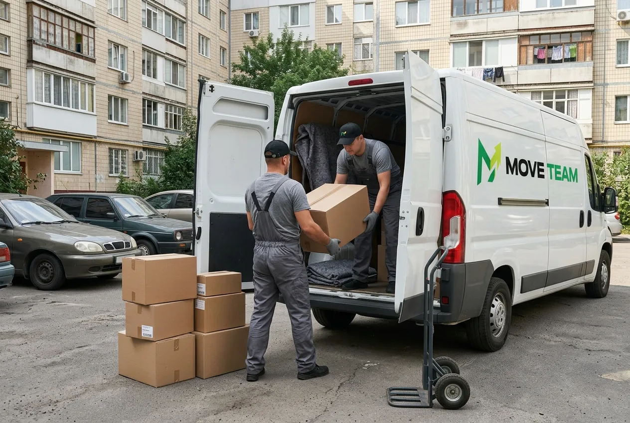 Грузчики Move Team загружают коробки в фургон на киевской улице