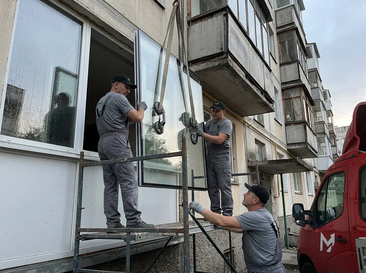 Манипулятор поднимает стеклопакет к окну верхнего этажа