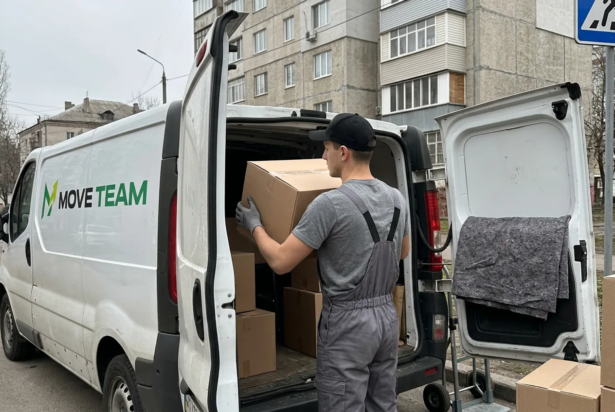 Грузчик Move Team загружает коробки в фургон для переезда в другой город