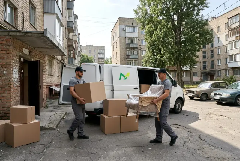 Грузчики загружают коробки и мебель в фургон Move Team