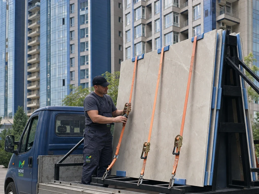 Бригада несёт лист керамогранита на ребре с присосками